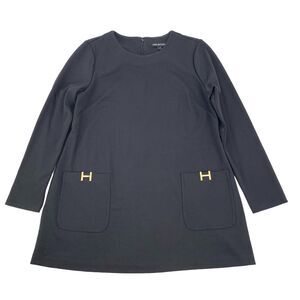 Halston Long Sleeve Tunic Top Size Large Womens Solid Black Gold Detail Blouse L
